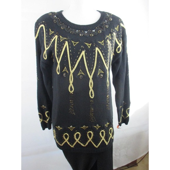 VNTG Victoria Harbour S Knit Sweater Beaded Rhinestones Ribbon Women Black Gold - Picture 10 of 11